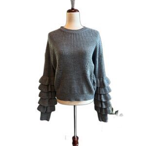 Very J Grey Cropped Sweater with Ruffled Sleeves - Size M